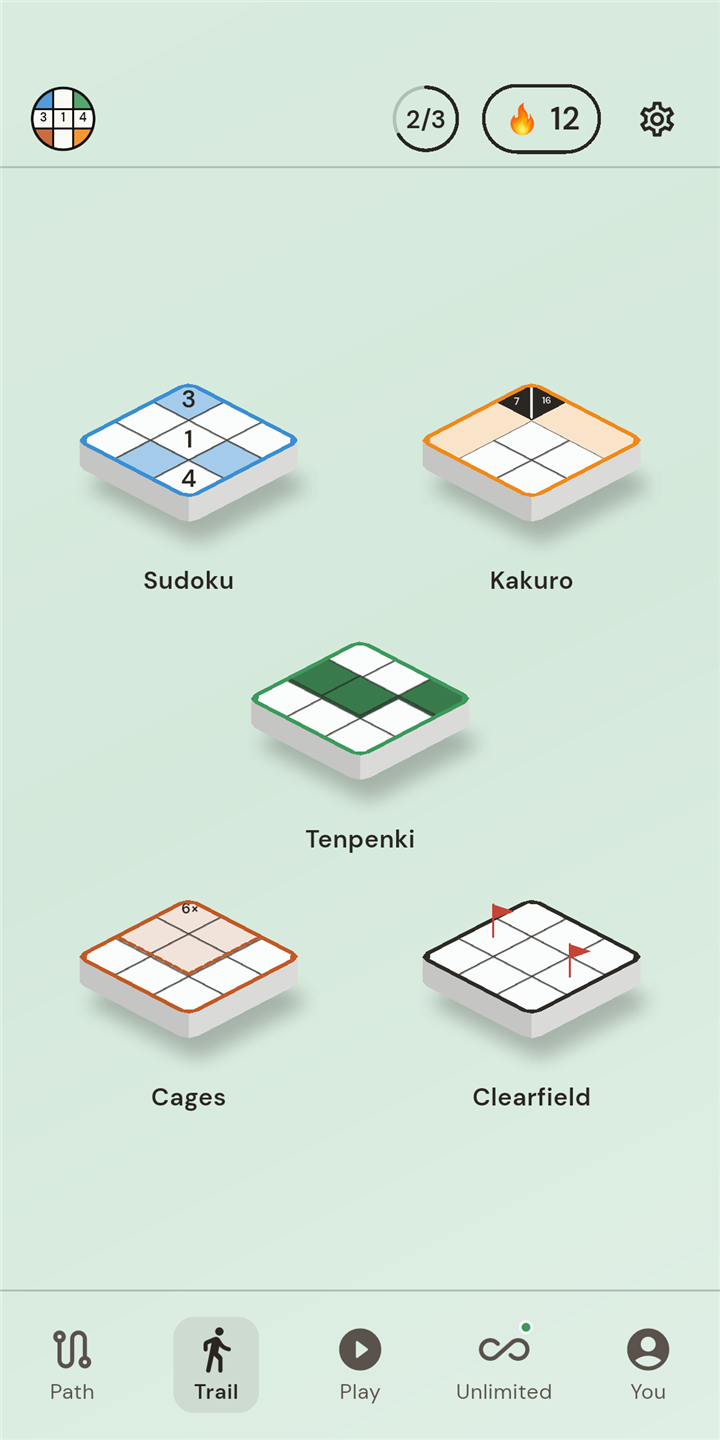 Games and trail selection screen